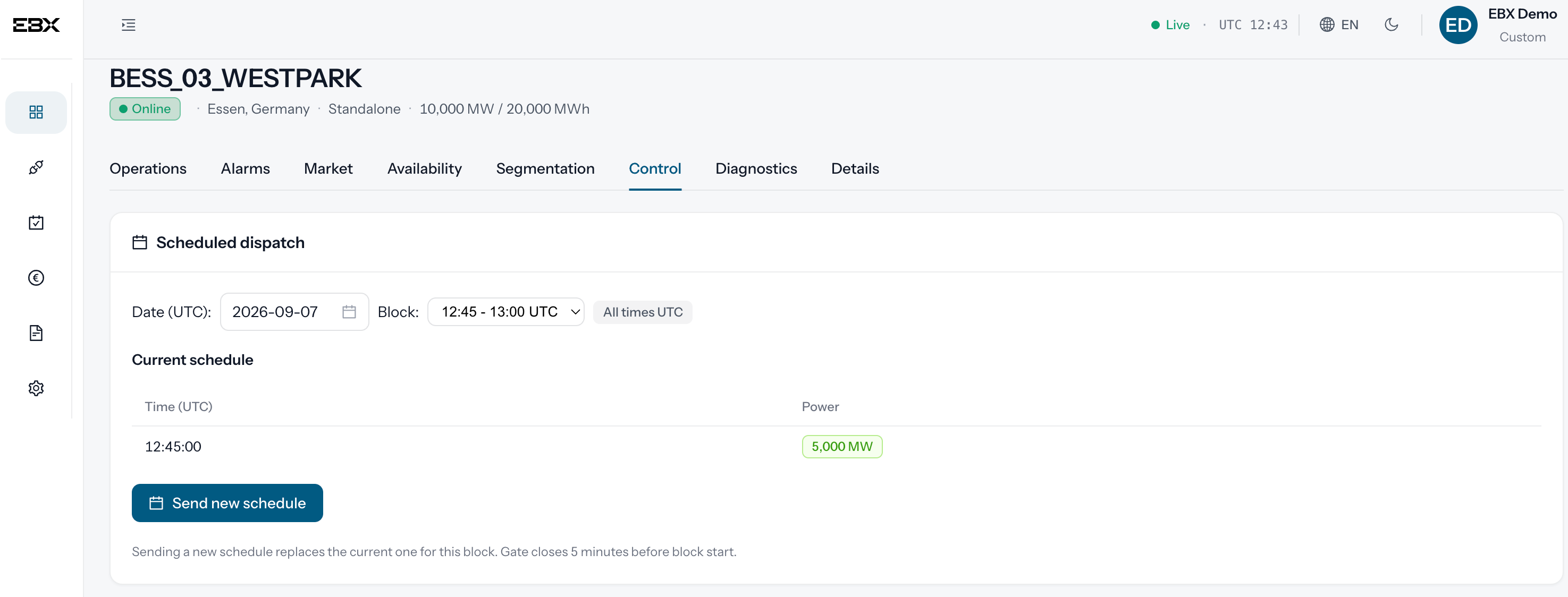 Control tab for BESS_03_WESTPARK: the scheduled dispatch for the 12:45 to 13:00 UTC block