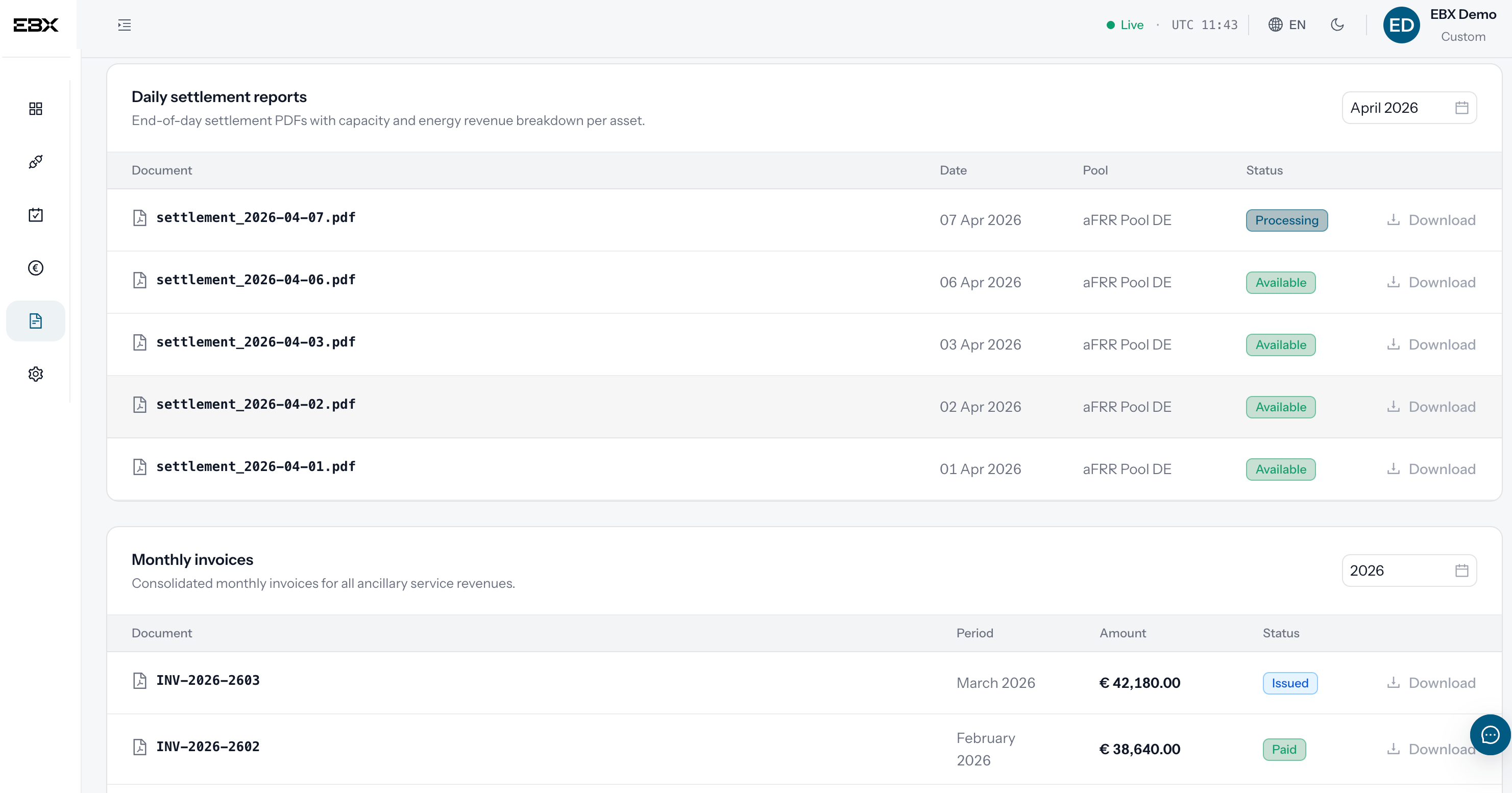 Invoicing and reporting: daily settlement reports and monthly invoices